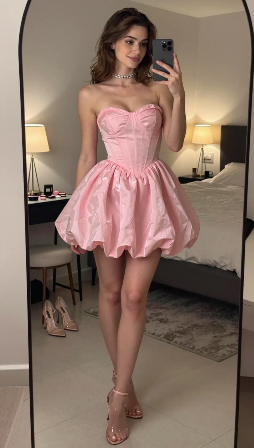 Pink Satin Corset Dress + Clear Strap Heels