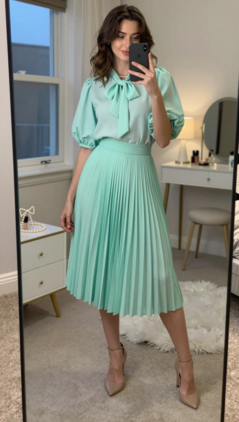 Mint Bow Blouse + Mint Pleated Midi Skirt + Nude Ankle Strap Heels