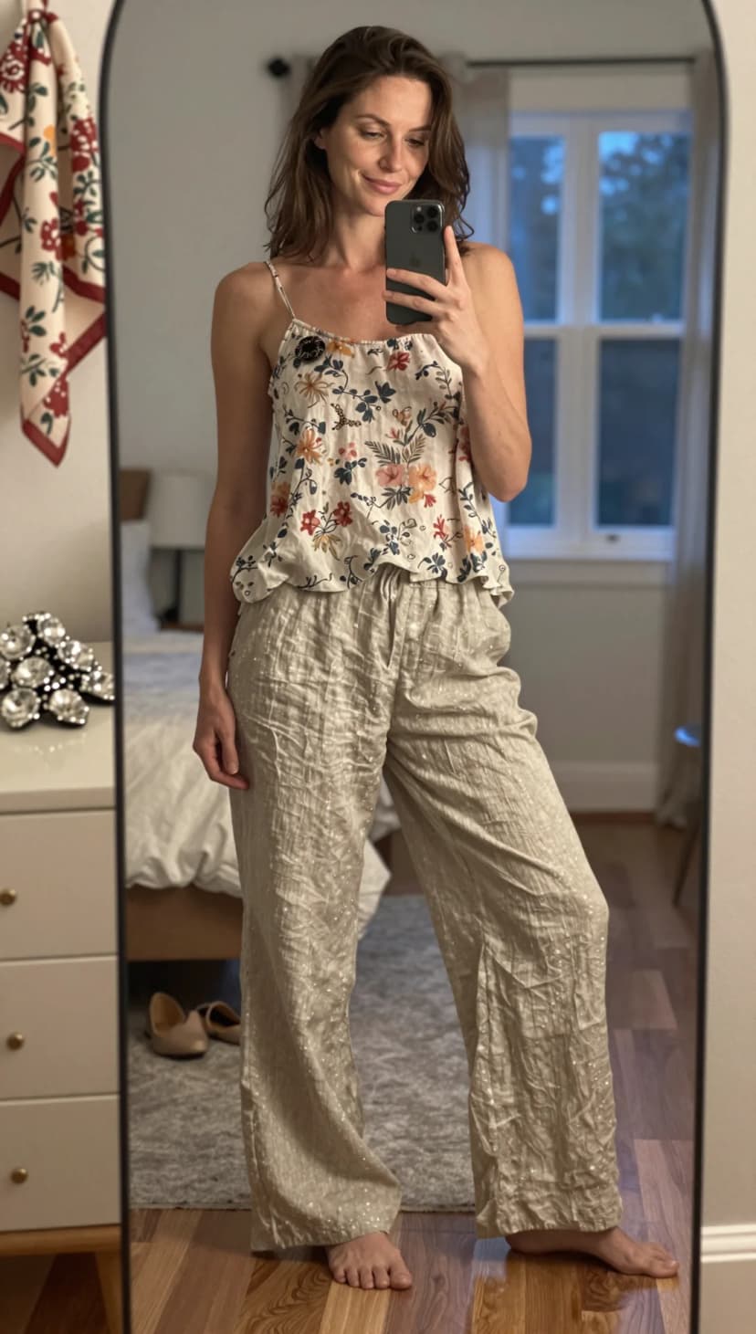 Cream Floral Print Cami + Beige Embellished Linen Trousers