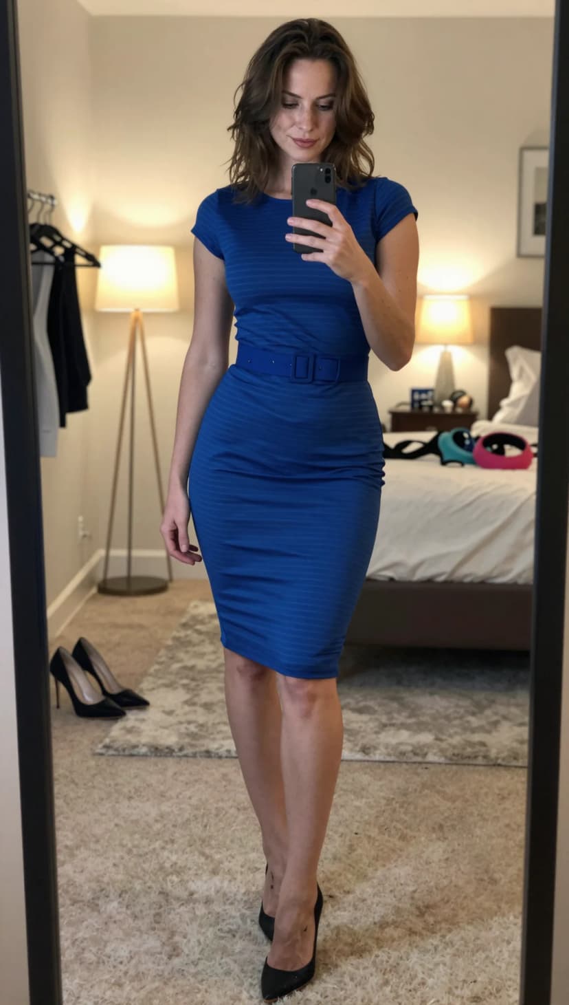 Blue Striped Knit Dress + Blue Belt + Black Heels
