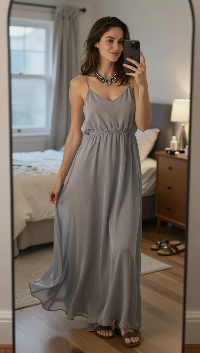 Grey Chiffon Maxi Dress + Statement Necklace + Olive Flat Sandals