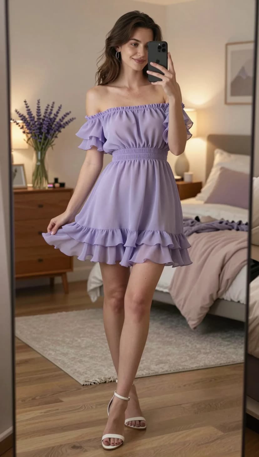 Purple Chiffon Ruffle Dress + White Strappy Heels