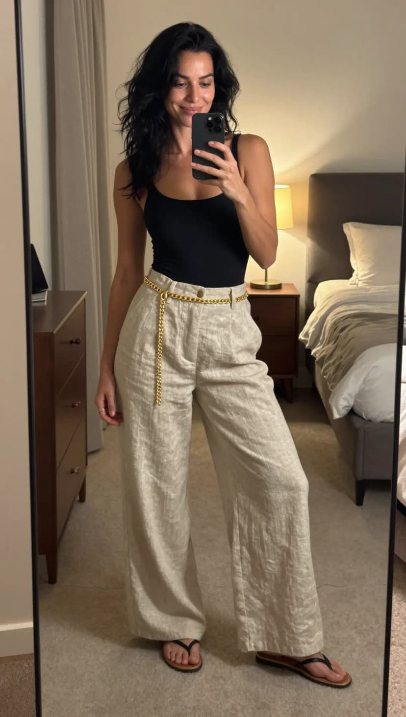 Black Tank Top + Beige Linen Wide-Leg Pants + Gold Chain Belt
