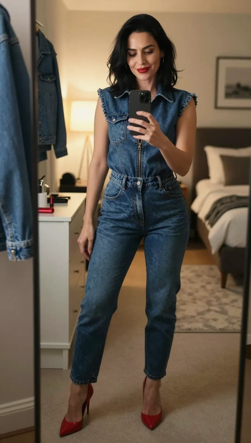 Blue Denim Sleeveless Collared Jumpsuit + Red Patent Stiletto Heels