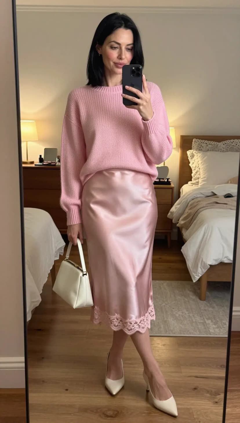 Pink Knit Sweater + Pink Satin Lace Trim Midi Skirt + White Pointed Toe Heels