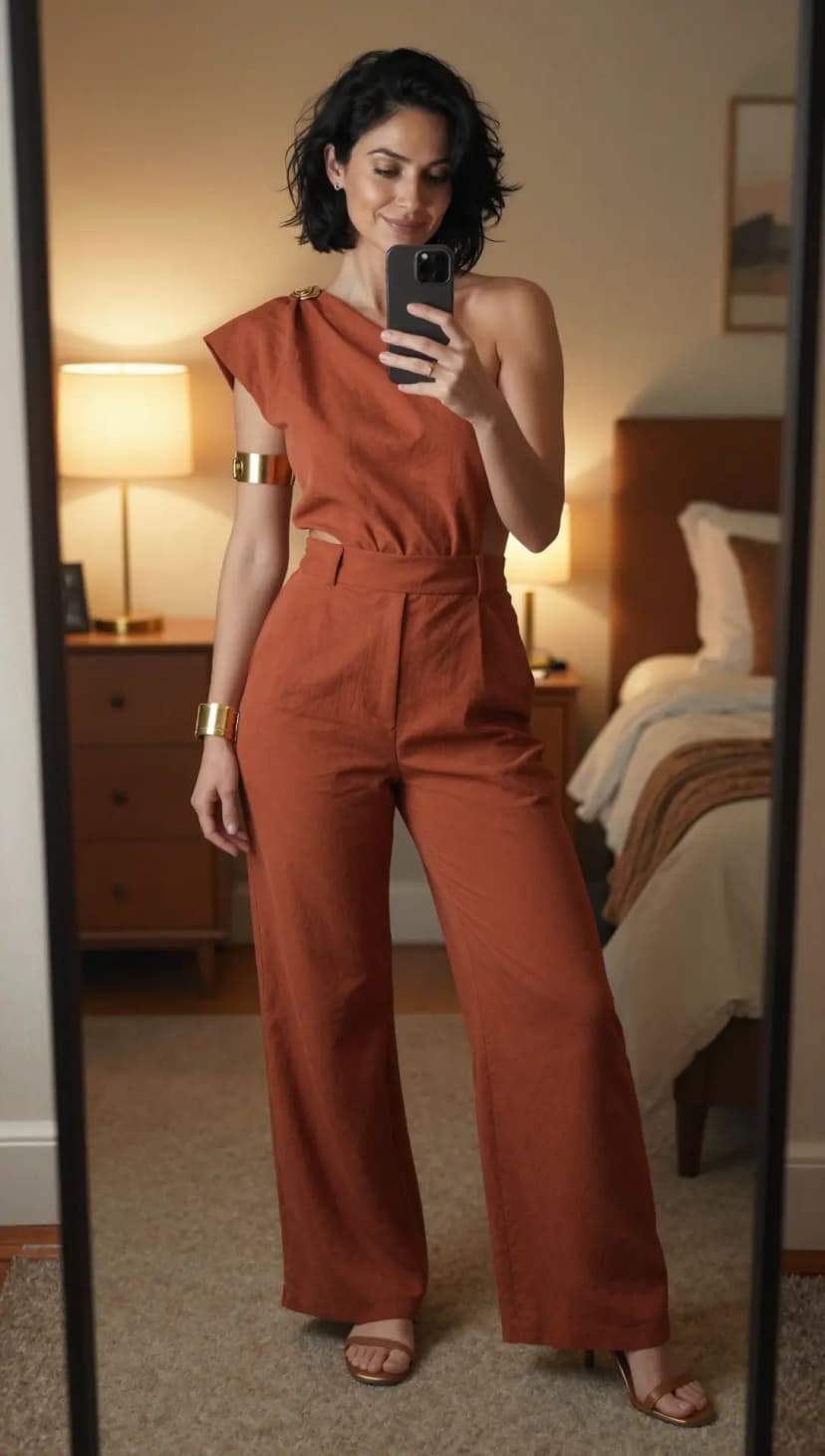 Rust Linen One-Shoulder Top + Rust Linen Wide-Leg Pants + Tan Strappy Heels