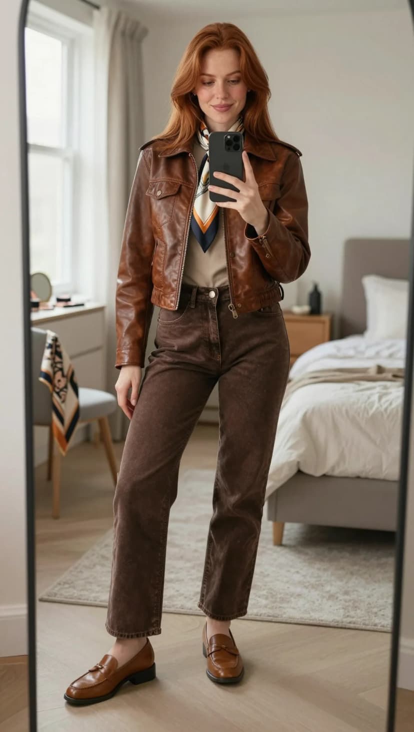 Brown Leather Moto Jacket + Beige Crew Neck Top + Brown Corduroy Straight Leg Trousers + Tan Leather Loafers