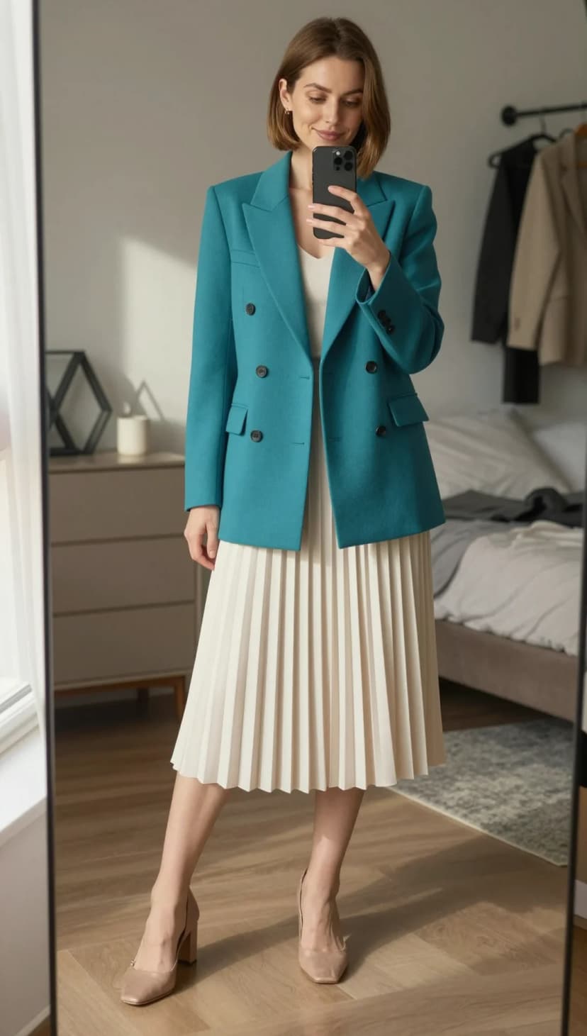 Teal Double-Breasted Blazer + Cream Pleated Midi Skirt + Beige Suede Pumps