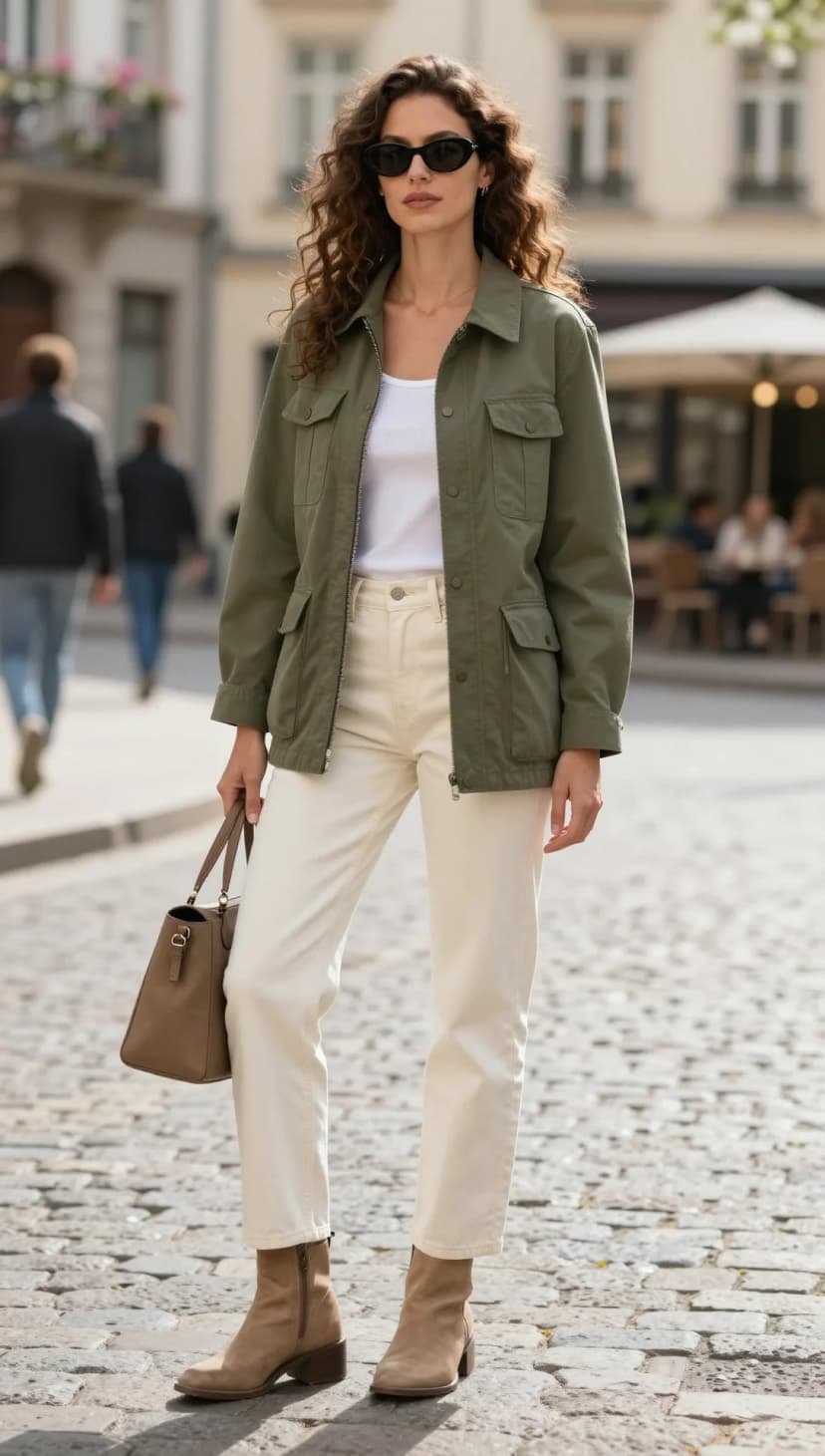 Olive Cotton Utility Jacket + White Ribbed Tank Top + Cream Cotton Trousers + Taupe Suede Ankle Boots