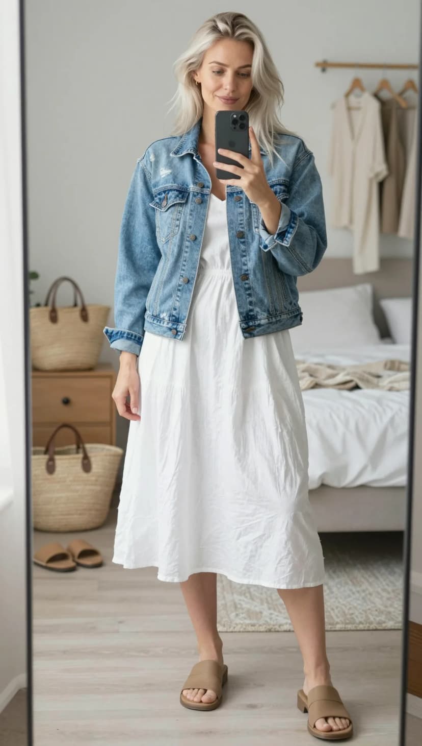 Blue Denim Jacket + White Cotton Midi Dress + Taupe Leather Slides