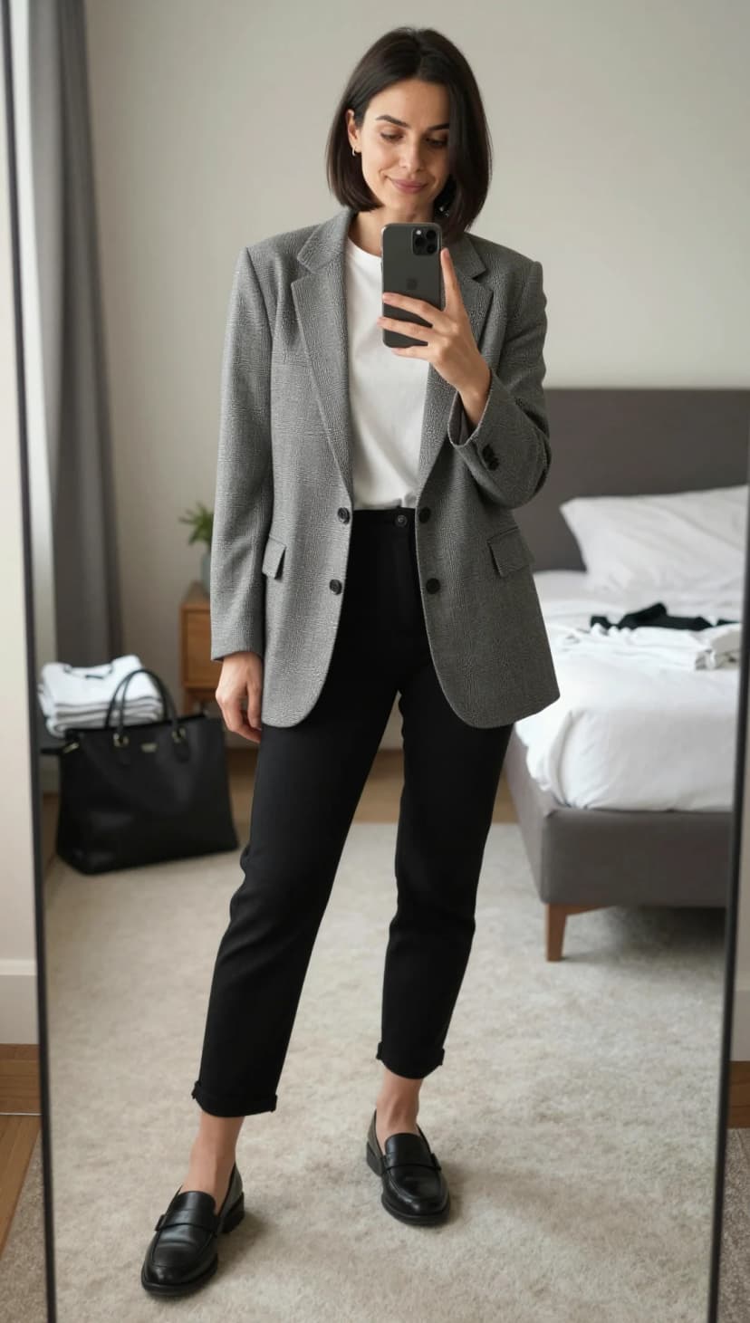 Grey Plaid Blazer + White Crew Neck T-shirt + Black Cropped Trousers + Black Leather Loafers