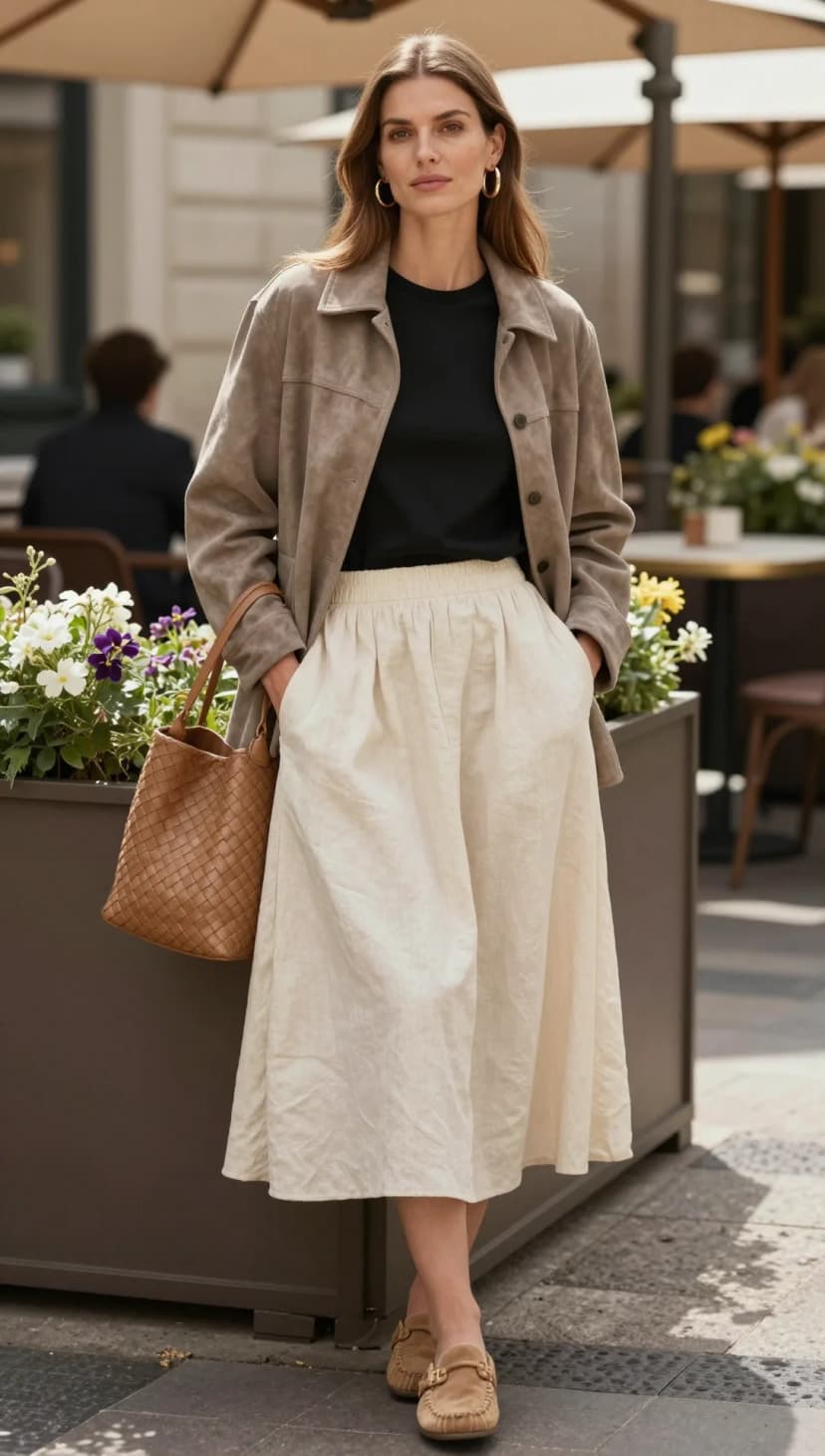 Taupe Suede Shacket + Black Crew Neck T-shirt + Cream Linen Wide-Leg Pants + Tan Woven Tote Bag + Tan Moccasins