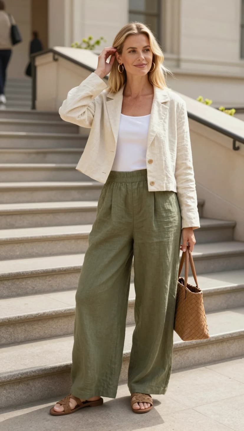 Natural Linen Cropped Jacket + Olive Green Linen Wide-Leg Trousers + White Cotton Tank Top