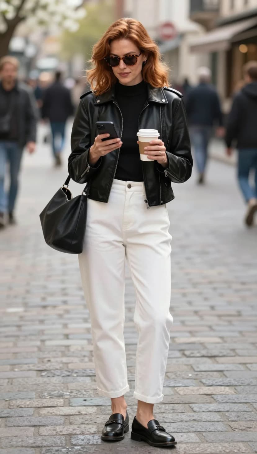 Black Leather Moto Jacket + Black Mock Neck Top + White Twill Trousers + Black Leather Loafers