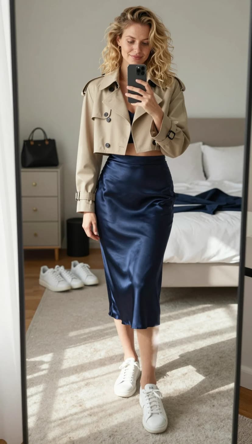 Beige Cropped Cotton Trench Jacket + Navy Satin Midi Skirt + White Leather Sneakers