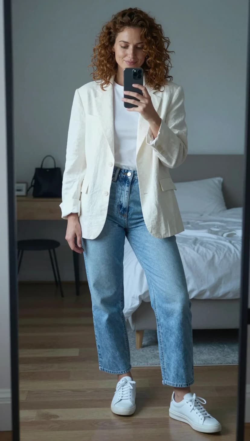 Cream Linen Blazer + White Crew Neck T-shirt + Light Wash Wide Leg Jeans + White Leather Sneakers