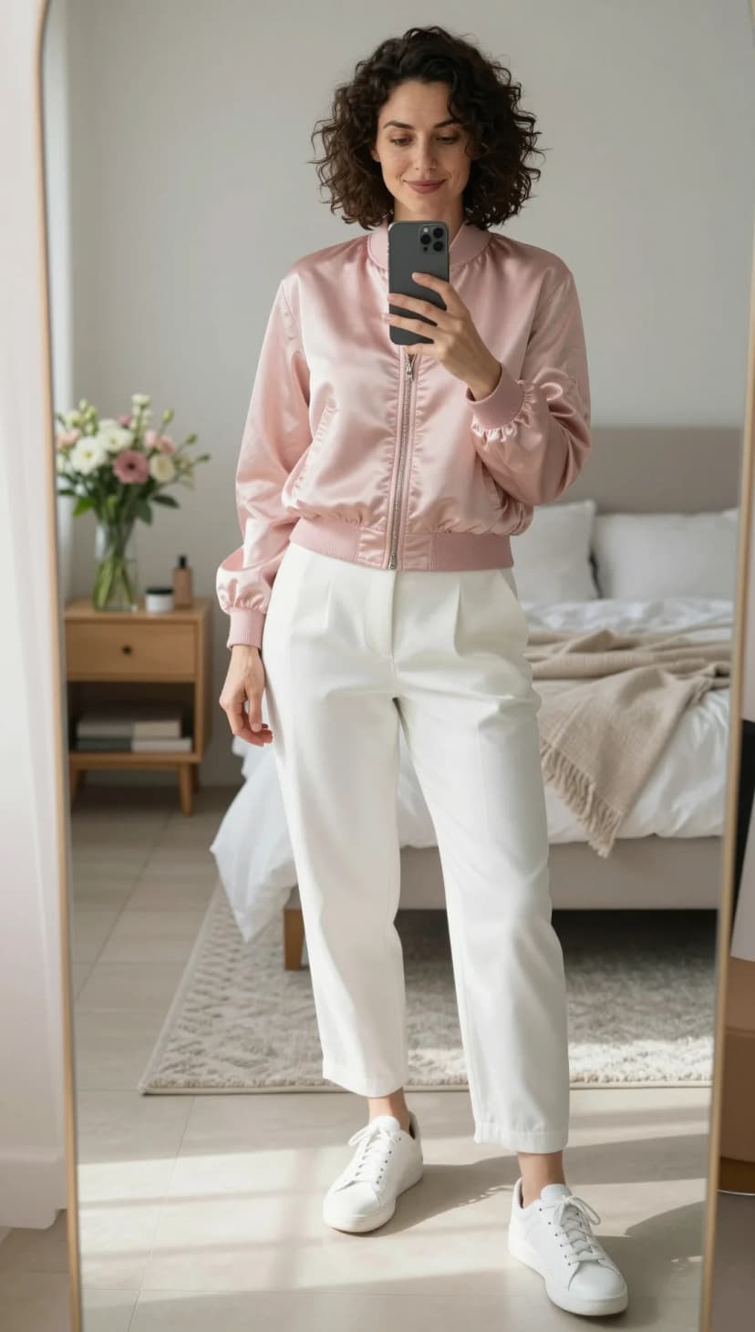 Pink Satin Bomber Jacket + White Wide-Leg Trousers + White Leather Sneakers