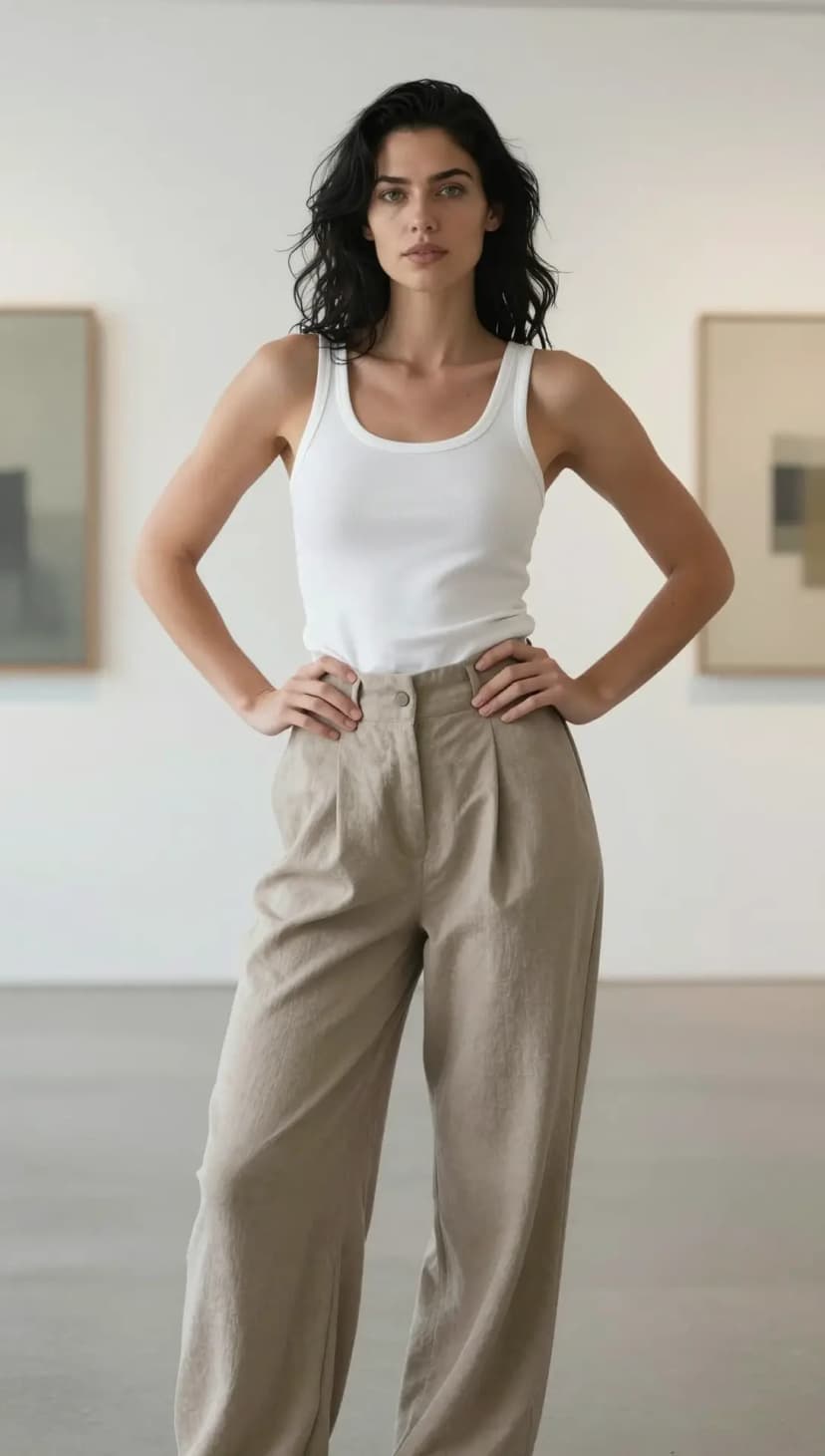 White Ribbed Tank Top + Beige Linen Wide-Leg Trousers