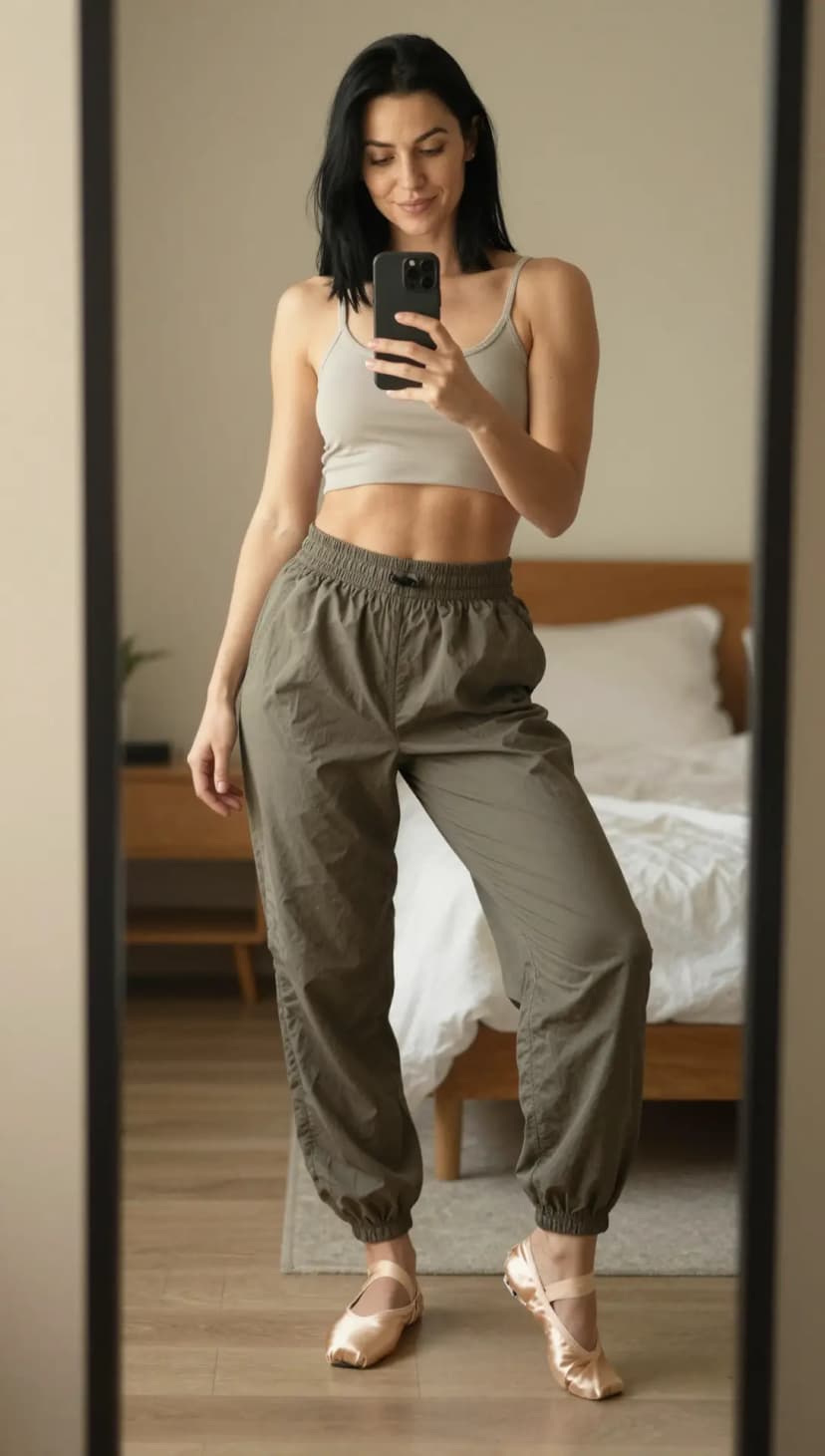 Beige Ribbed Crop Top + Olive Nylon Cargo Pants + Rose Ballet Flats