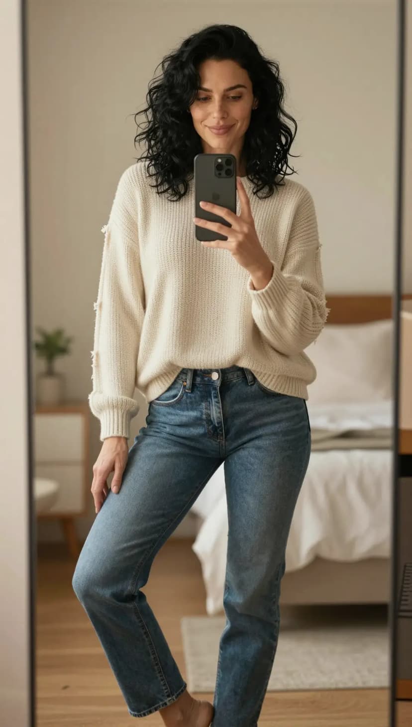 Cream Cable Knit Sweater + Blue Denim Jeans