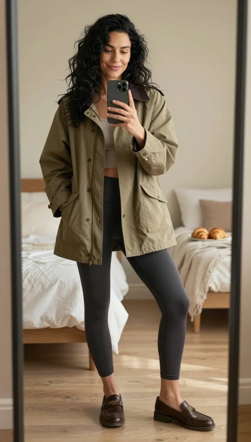 Olive Cotton Field Jacket + Grey Spandex Leggings + Brown Leather Loafers