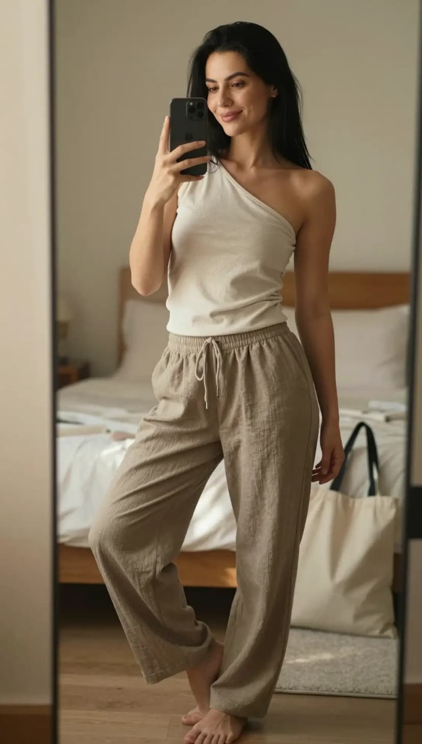 Cream Ribbed Tank Top + Taupe Linen Trousers
