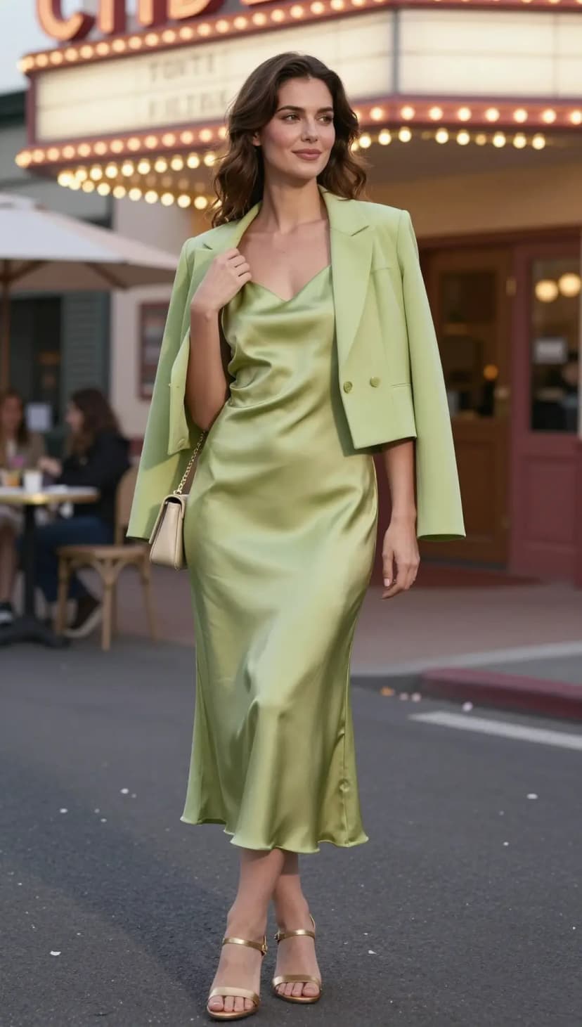 Lime Green Satin Midi Slip Dress + Lime Green Double Breasted Blazer + Gold Strappy Heels