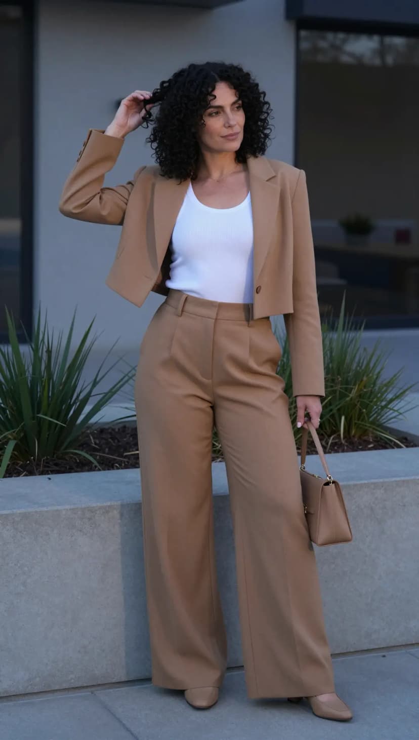 Camel Wool Blend Cropped Blazer + White Ribbed Knit Tank Top + Camel Wool Blend Wide Leg Trousers