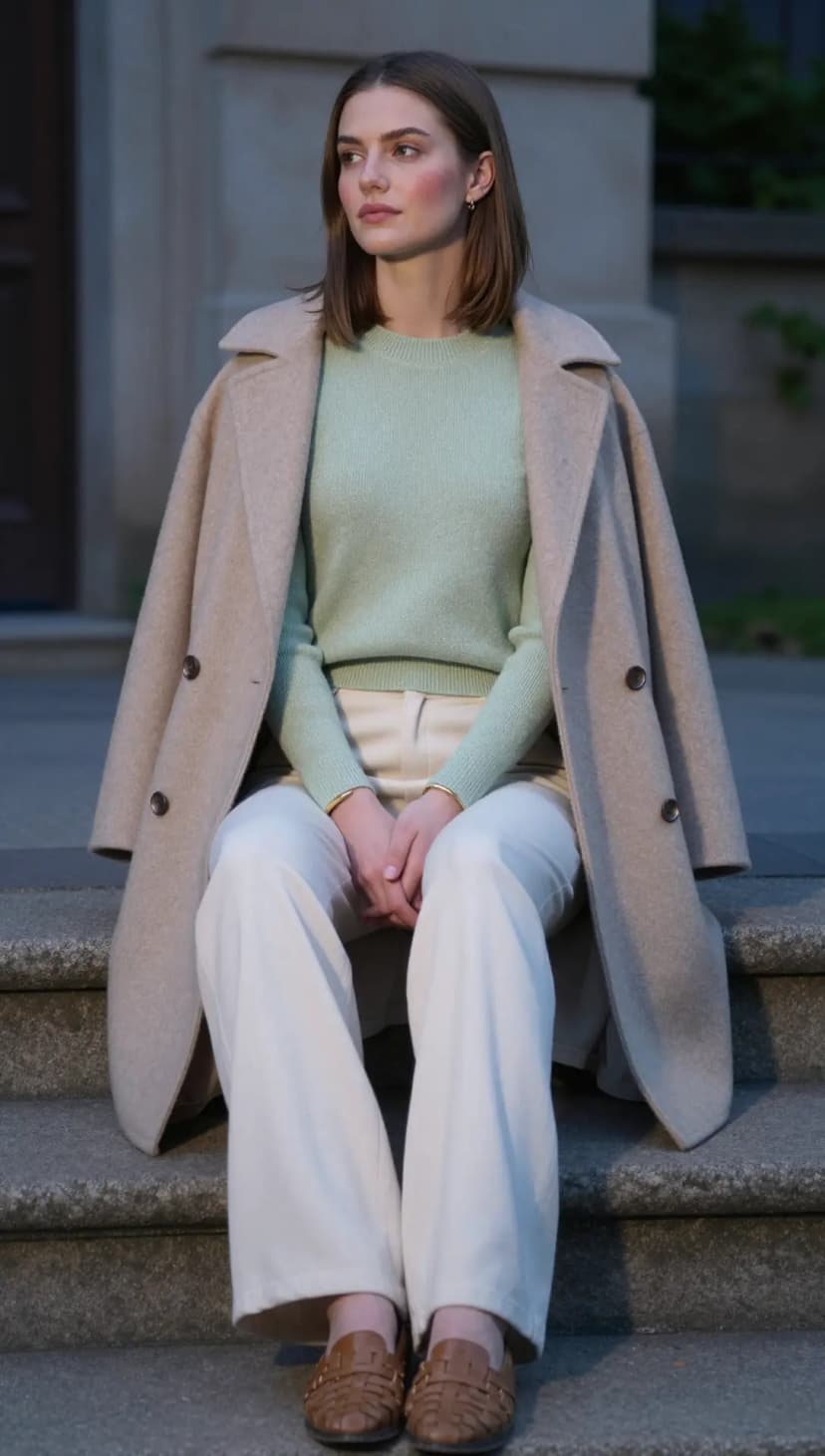 Mint Ribbed Knit Sweater + Cream Wide-Leg Trousers + Beige Wool Coat