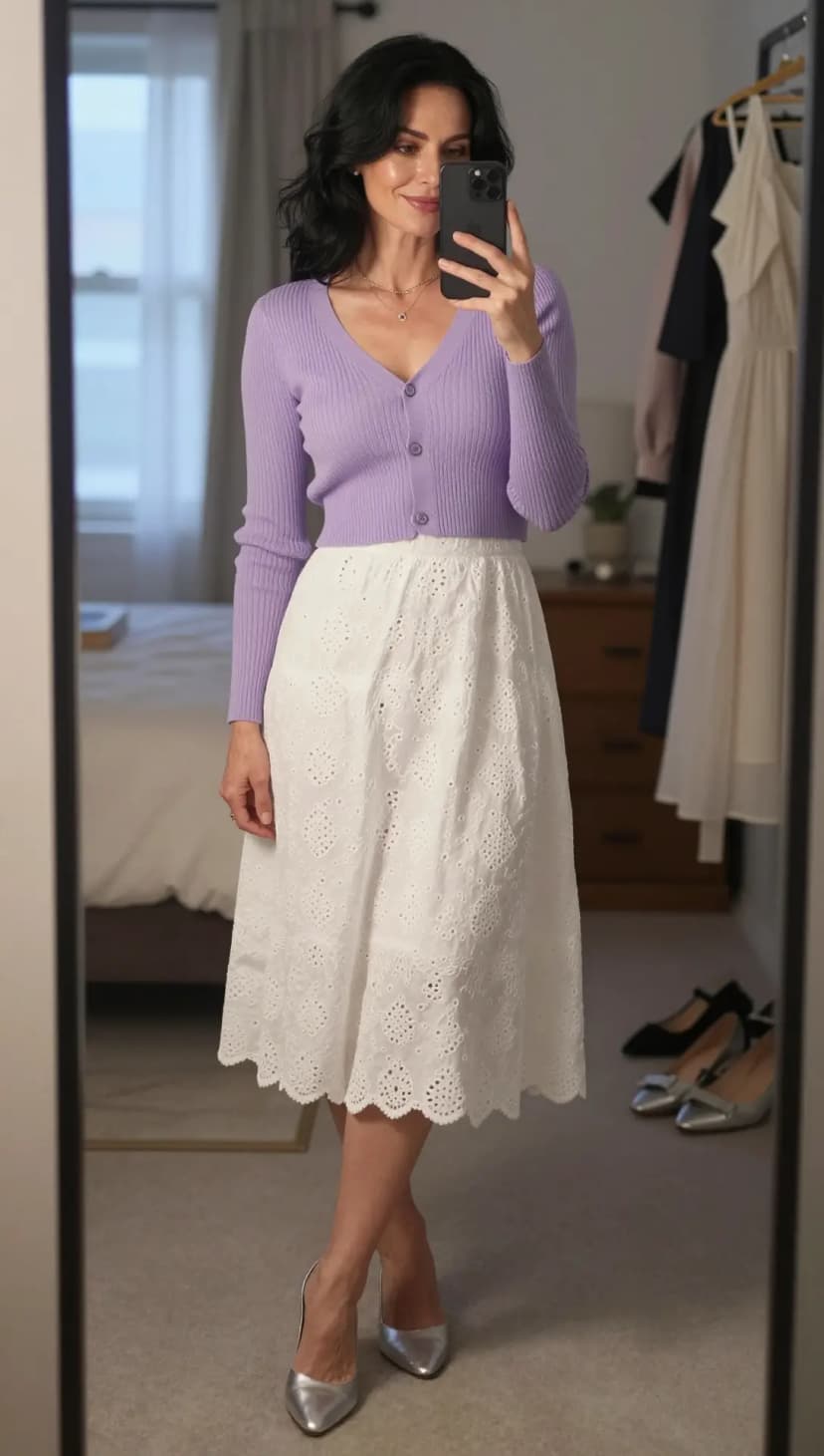 Lavender Ribbed Knit Cropped Cardigan + White Broderie Anglaise Midi Skirt + Silver Pointed-Toe Heels