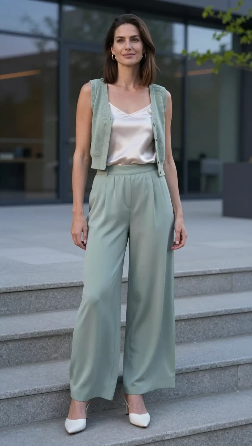 Sage Green Knit Vest + Champagne Satin Camisole + Sage Green Wide-Leg Trousers