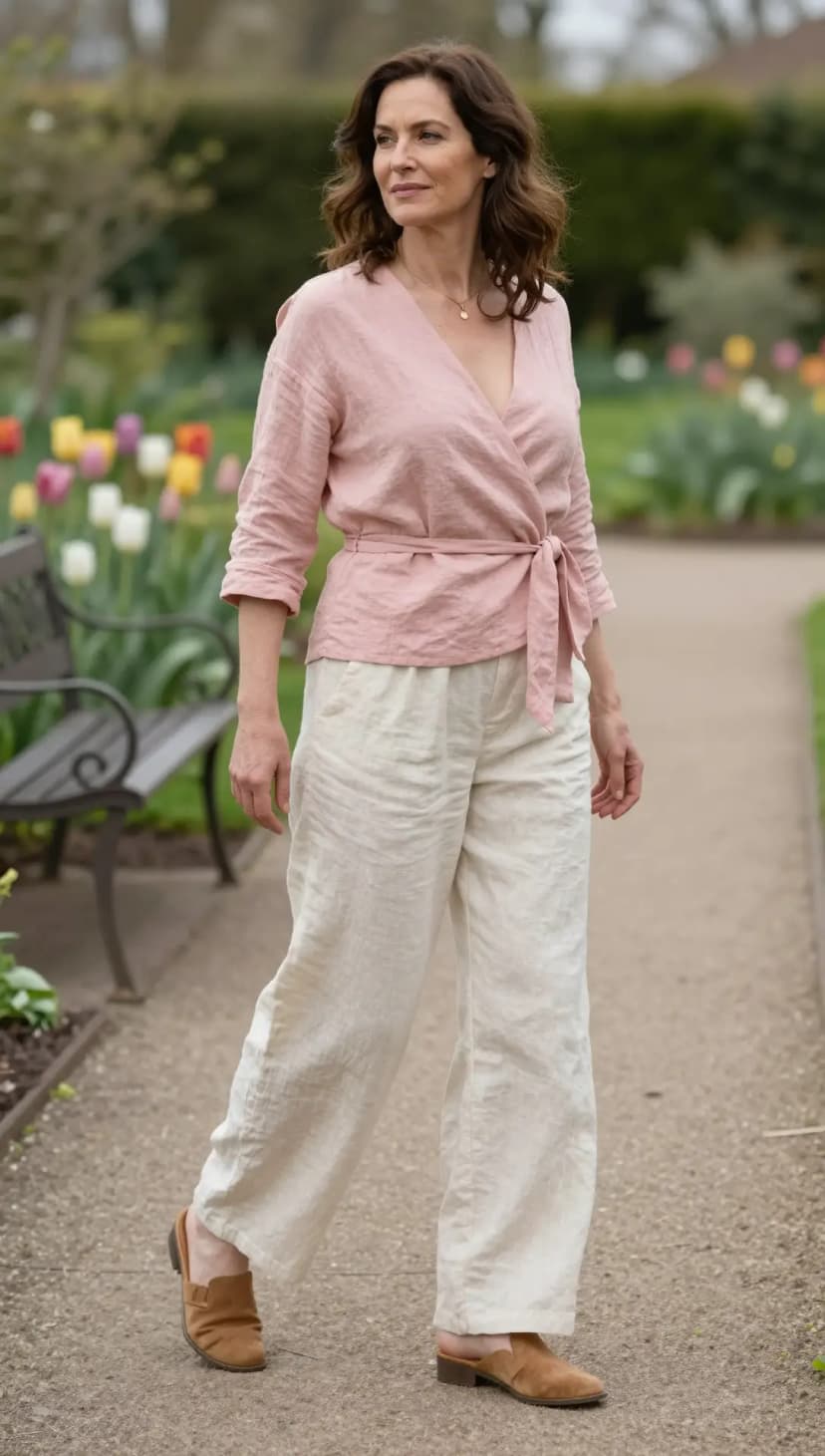 Pink Linen Wrap Top + Cream Linen Wide-Leg Trousers + Brown Suede Mules