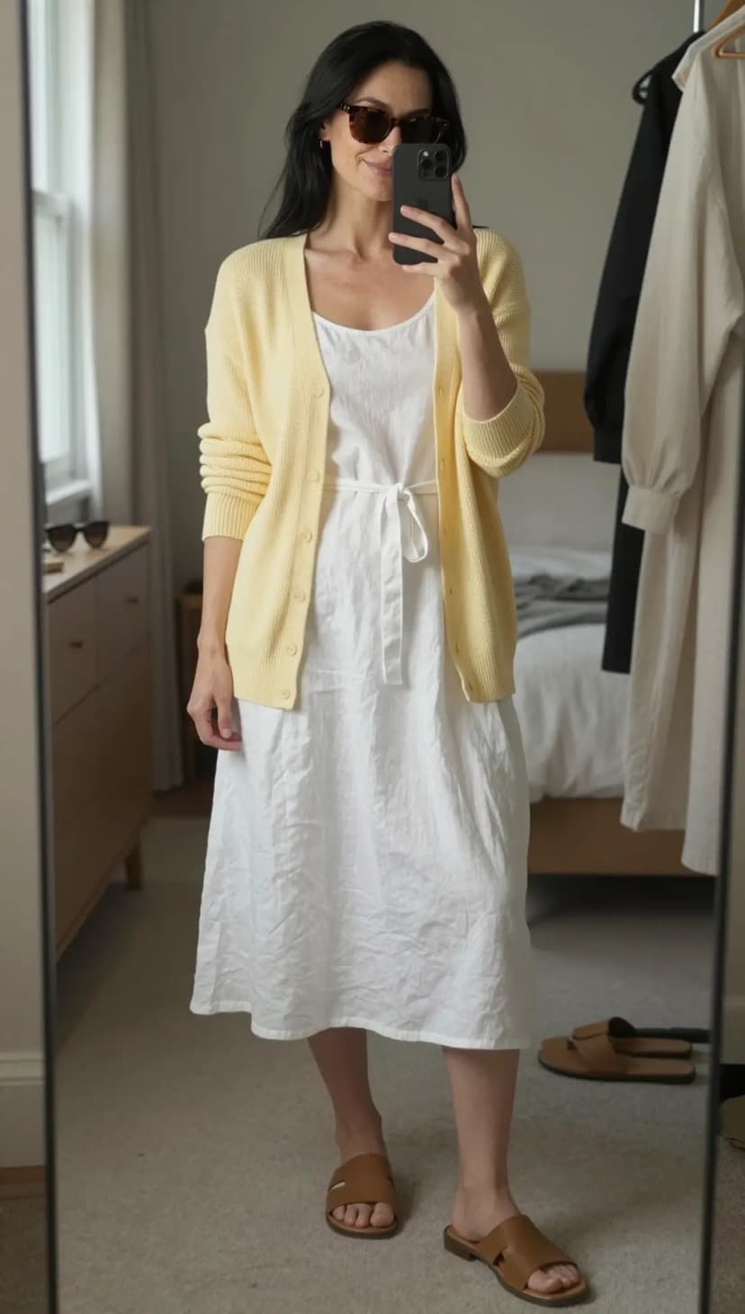 Butter Yellow Knit Cardigan + White Linen Sundress + Tan Leather Slides