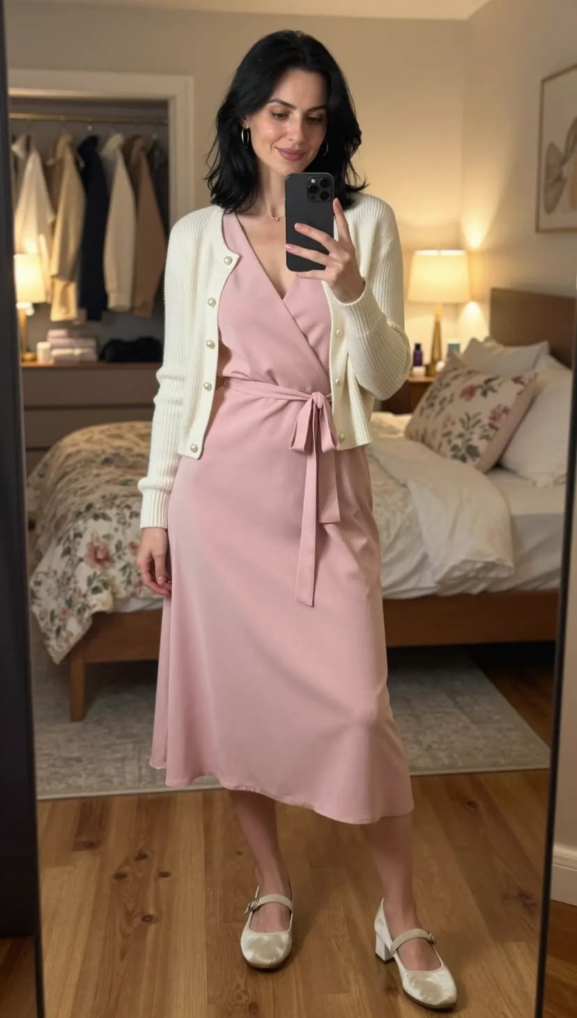 Cream Pearl Cardigan + Pink Satin Midi Wrap Dress + Cream Velvet Mary Janes