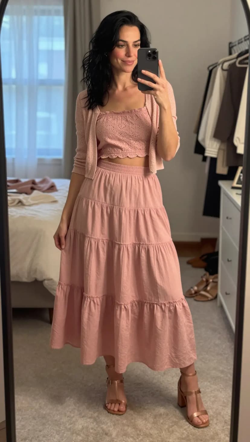 Rose Broderie Anglaise Crop Top + Rose Tiered Maxi Skirt + Rose Broderie Anglaise Cardigan + Rose Metallic Block Heels
