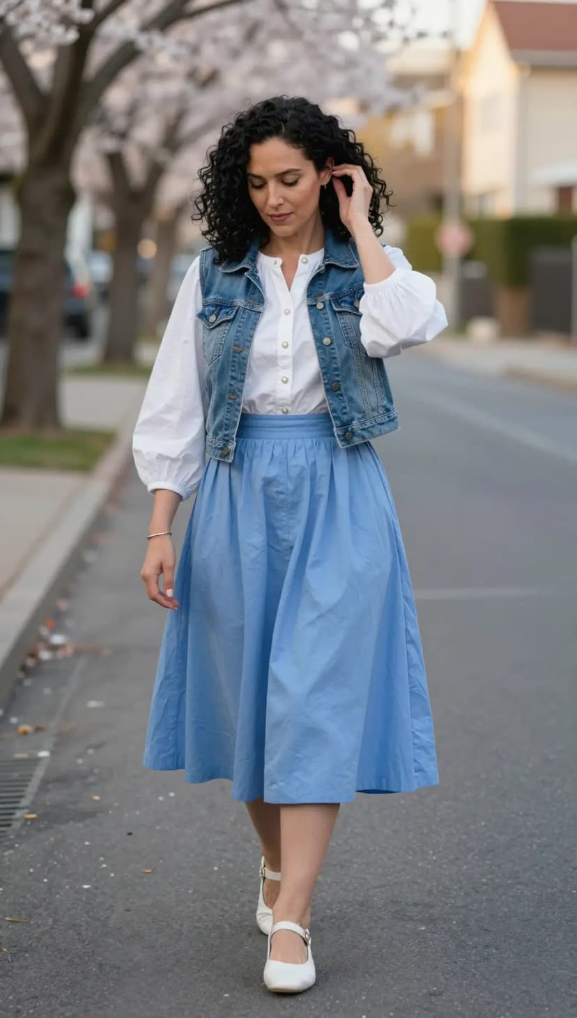 White Cotton Button-Up Blouse + Blue Cotton Midi Skirt + Denim Vest + White Leather Mary Janes