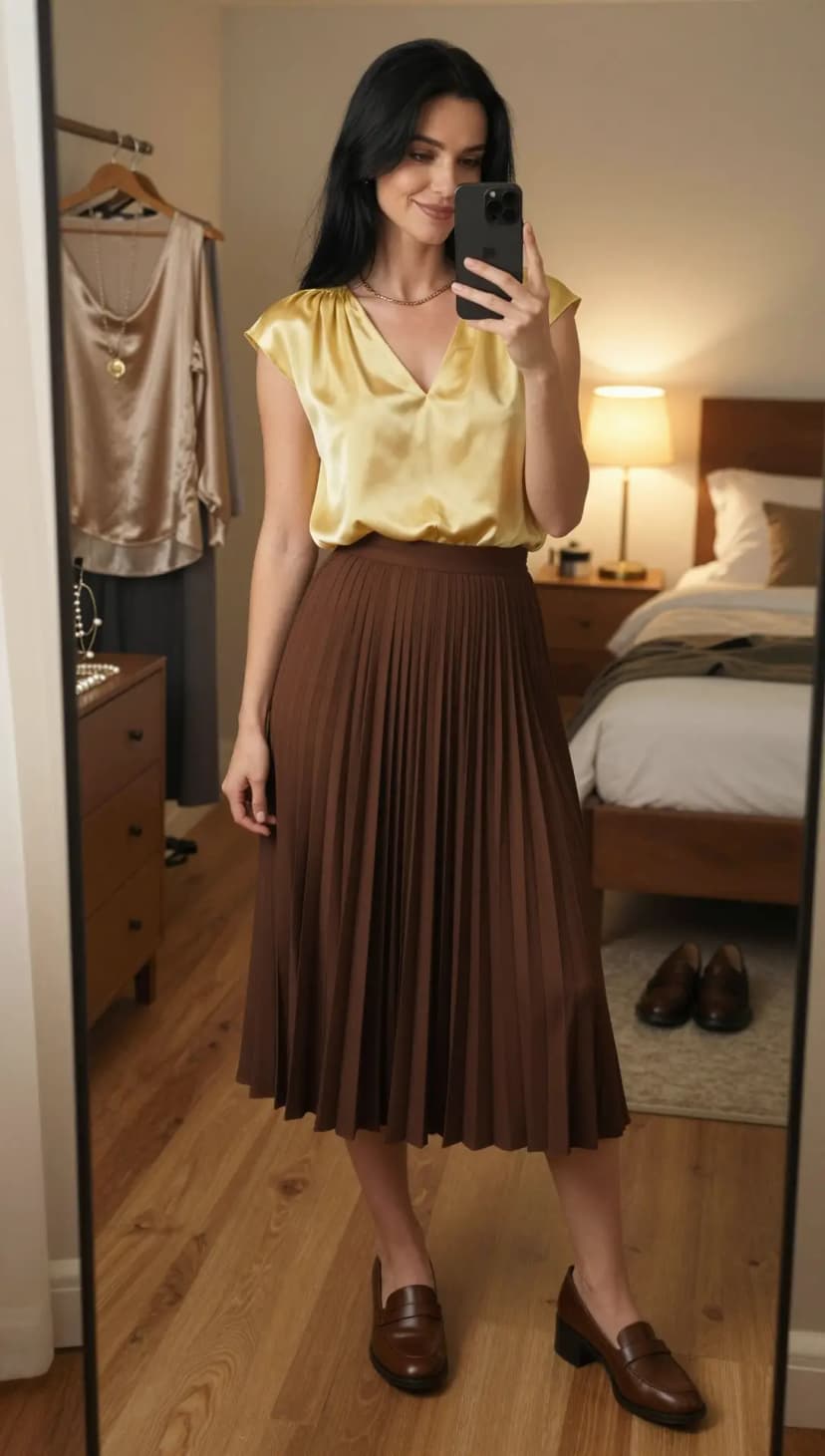 Yellow Satin Cap Sleeve Top + Brown Pleated Midi Skirt + Brown Leather Loafers