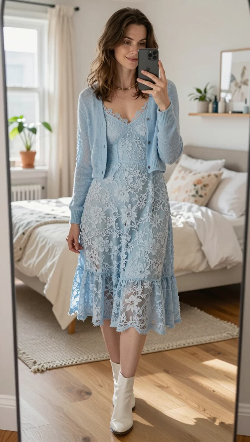 Sky Blue Lace Dress + Sky Blue Knit Cardigan + White Leather Boots