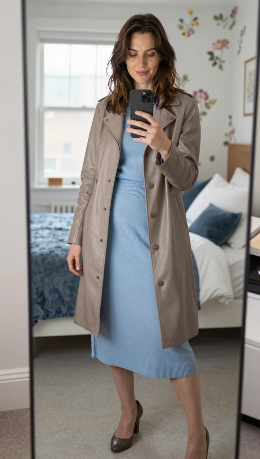 Sky Blue Knit Dress + Beige Faux Leather Trench + Taupe Leather Pumps