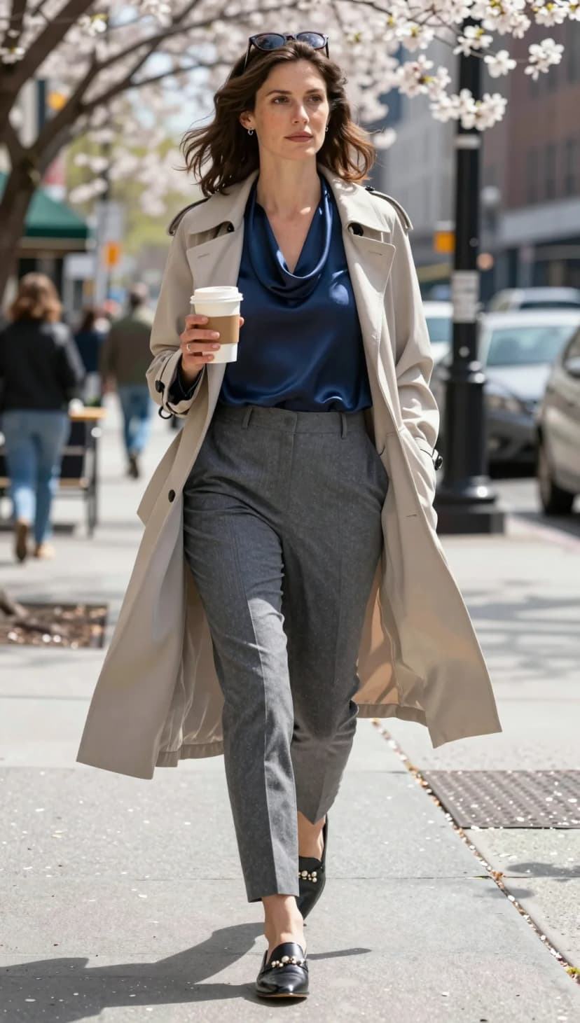 Navy Satin Cowl Neck Blouse + Grey Herringbone Trousers + Beige Trench Coat + Black Pearl Loafers