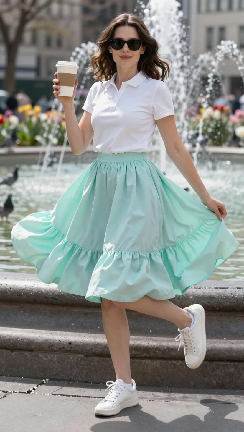 White Pique Polo + Aqua Ruffle Midi Skirt + White Leather Sneakers