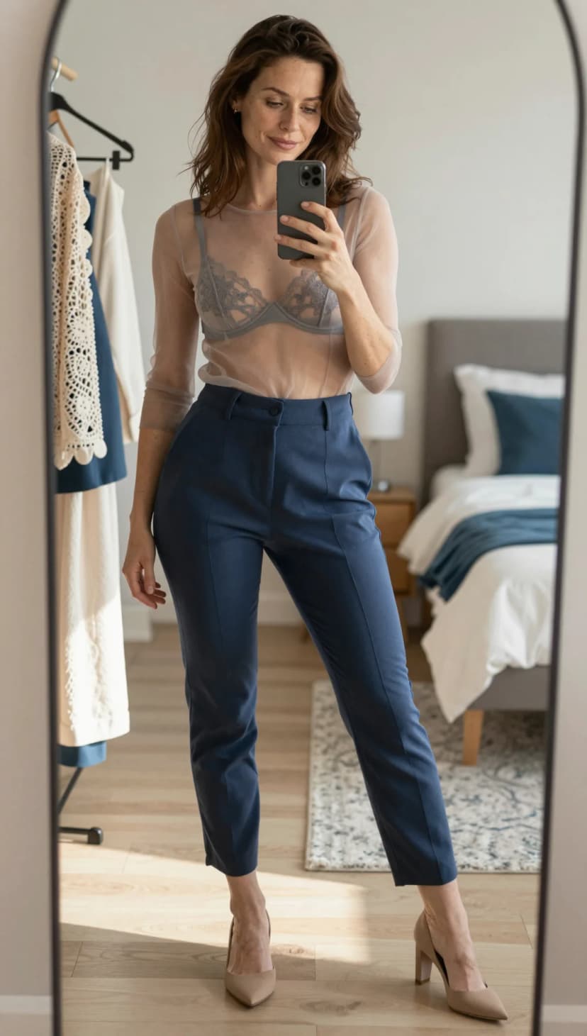 Grey Lace Bralette + Sheer Beige Top + Navy Cropped Trousers + Beige Pumps