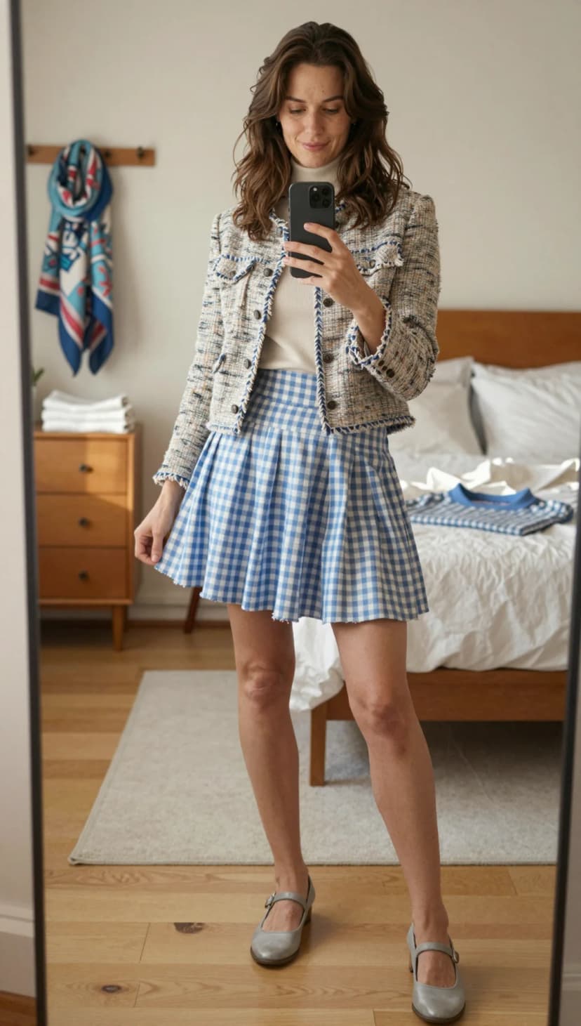 Multi-Color Tweed Jacket + Blue Gingham Mini Skirt + Grey Mary Janes