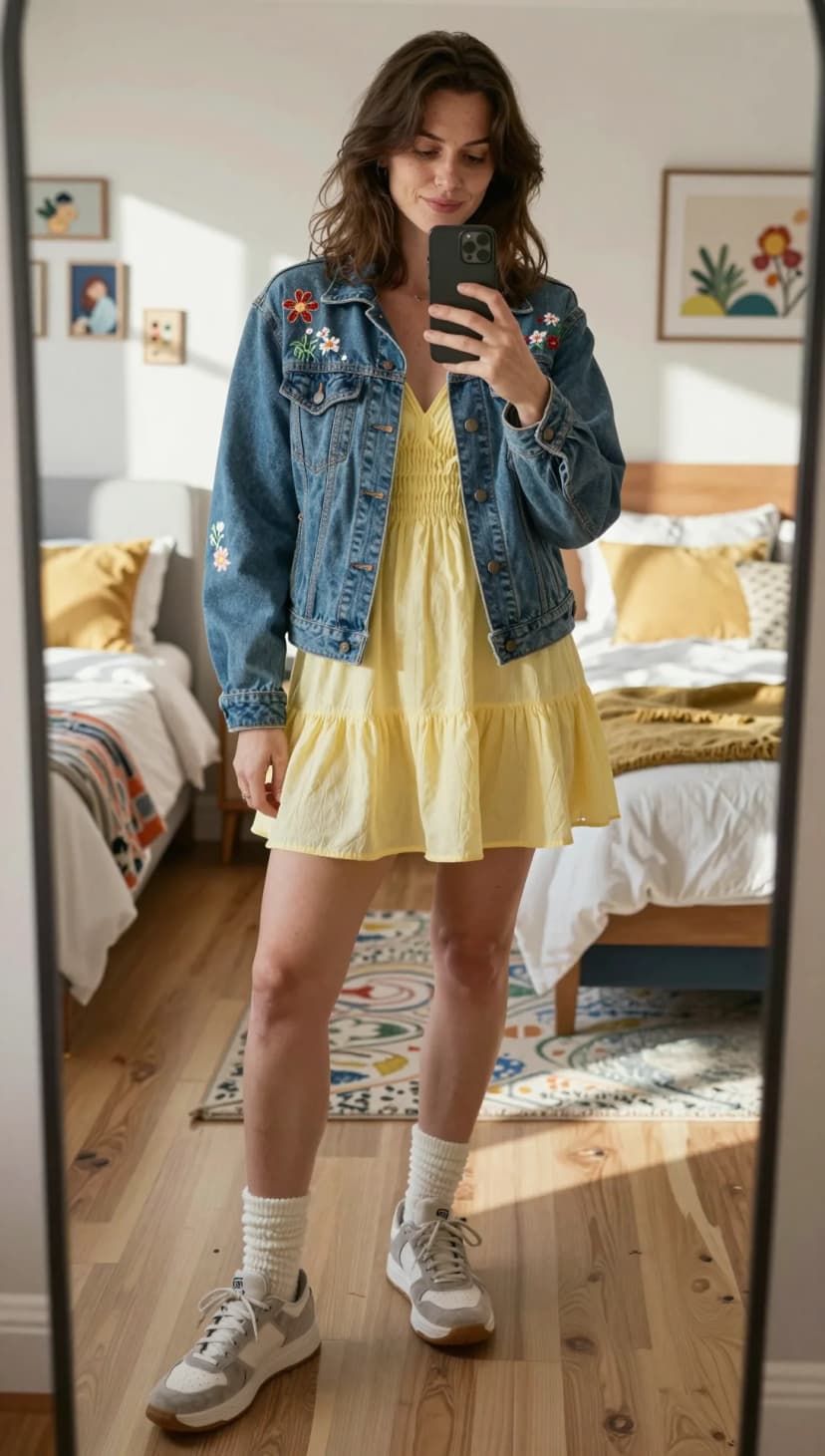 Floral Embroidered Denim Jacket + Yellow Cotton Mini Dress + White Sneakers