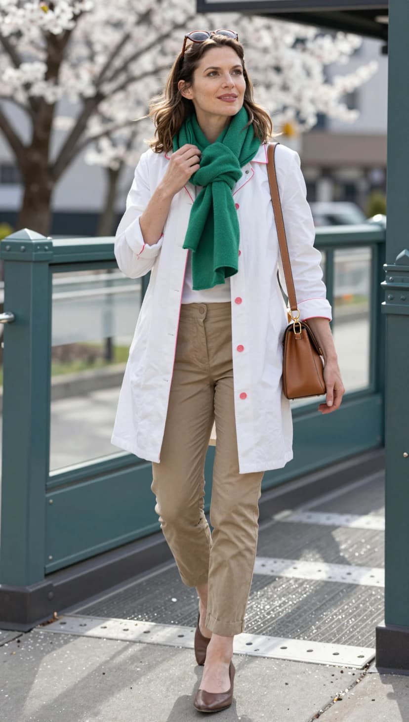 White Cotton Trench Coat + Green Cashmere Scarf + Khaki Chinos + Brown Leather Satchel + Brown Leather Heels