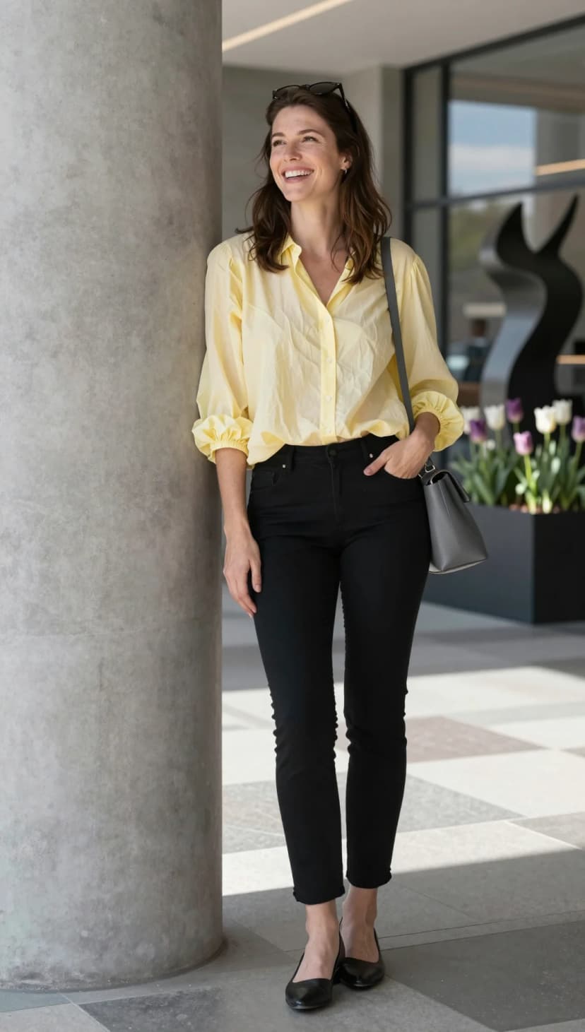 Pale Yellow Cotton Poplin Blouse + Black Skinny Jeans + Black Pointed Flats