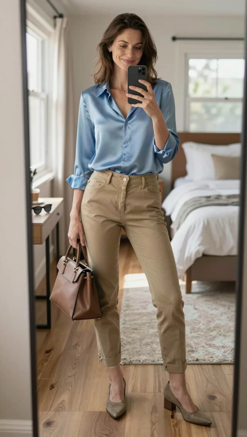 Light Blue Satin Button-Down + Khaki Cotton Trousers + Taupe Suede Block Heels