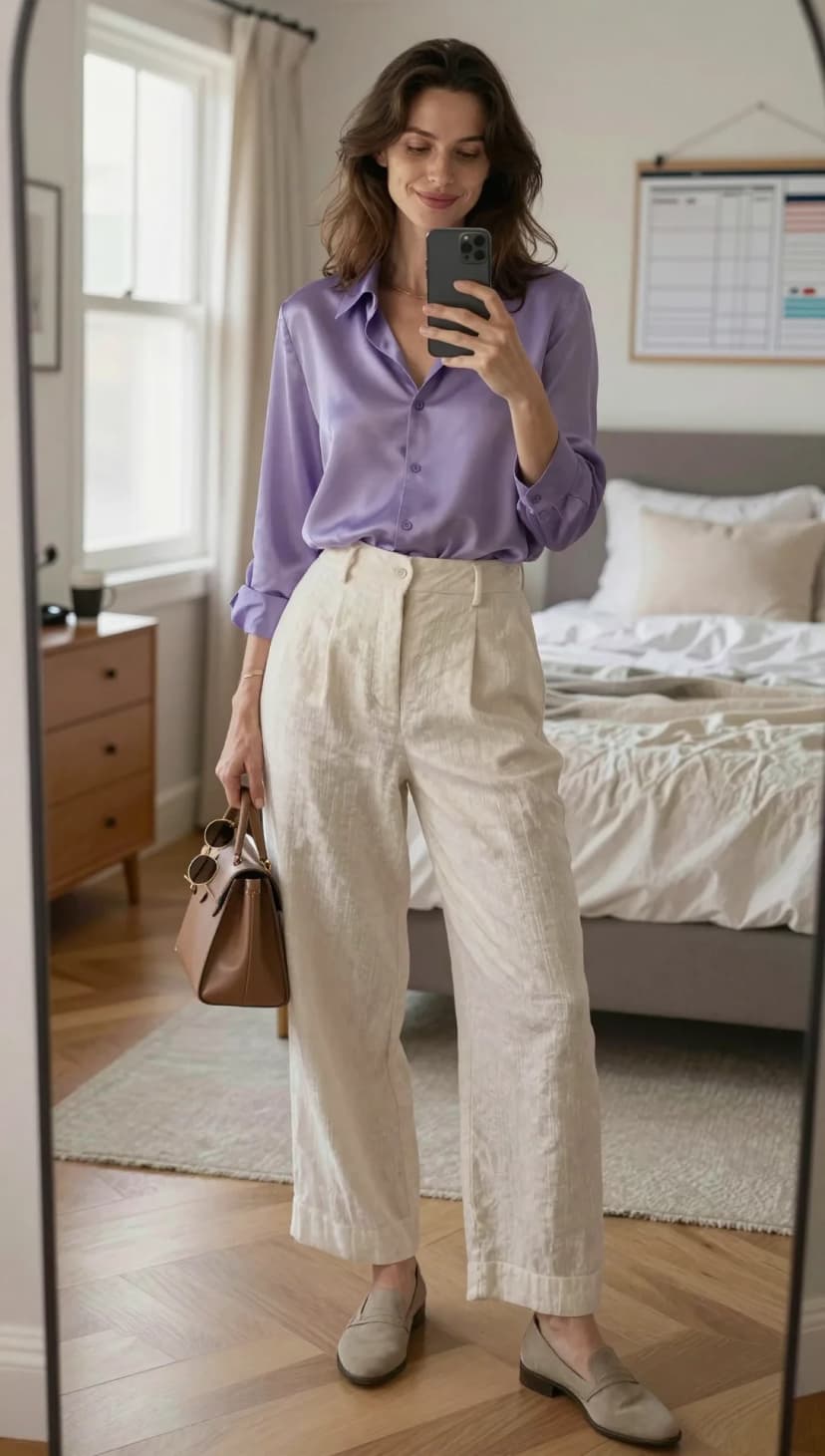 Purple Satin Button-Down Shirt + Cream Linen Wide Leg Trousers + Taupe Suede Loafers