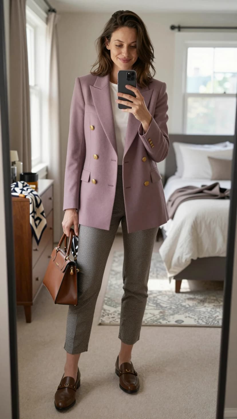 Dusty Rose Wool Blazer + White Crew Neck T-Shirt + Grey Plaid Trousers + Brown Leather Loafers