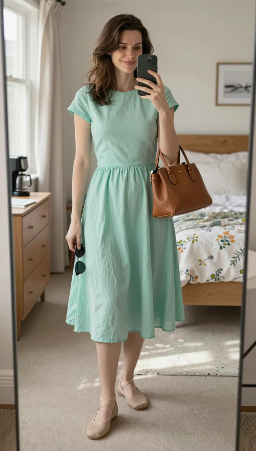Mint Green Cotton Midi Dress + Tan Leather Tote Bag + Beige Ballet Flats